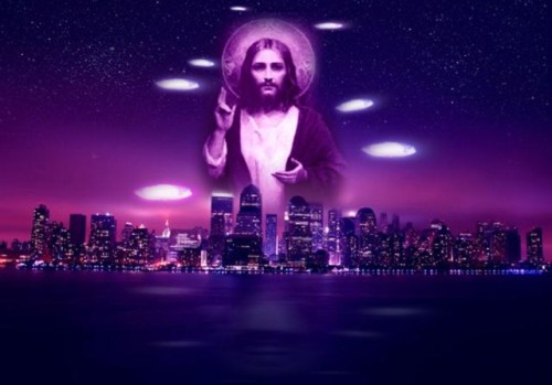 holograma de jesus sobre una ciudad