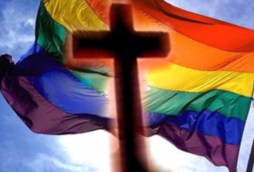 bandera homosexual con una cruz