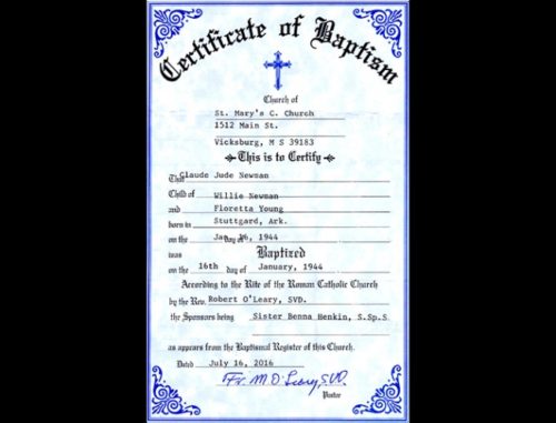 Certificado de bautismo de Claude Newman