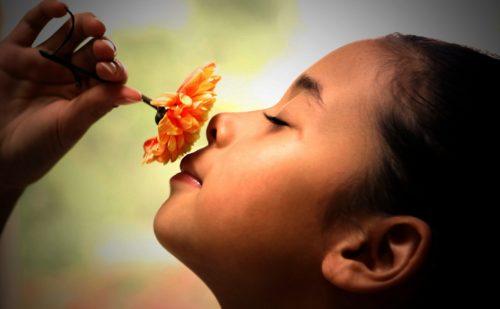 niña oliendo una flor