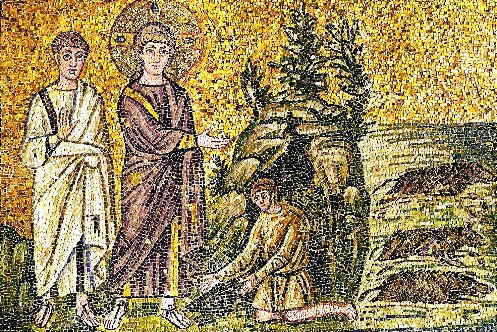 The Gadarene swine or the exorcism of two demons, (Mark 5:1-10). Jesus and an apostle. Mosaic (6th)