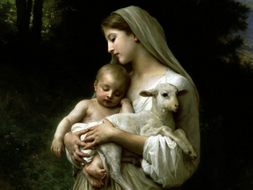 virgen maria, niño jesus y cordero en los brazos