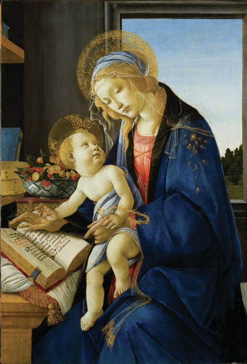 Sandro Botticelli's Madonna and Child, painted in 1480, shows a reflective Mary in deep blue