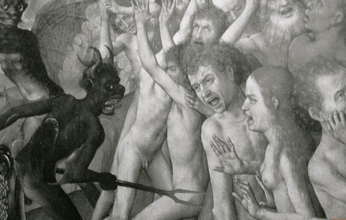 dibujo de demonio asediando a hombres desnudos fondo