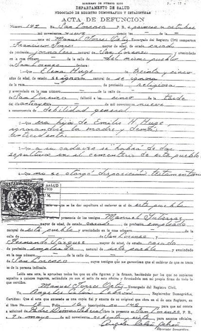 Certificado de defunción de Nuestra Madre, expedido en 1909